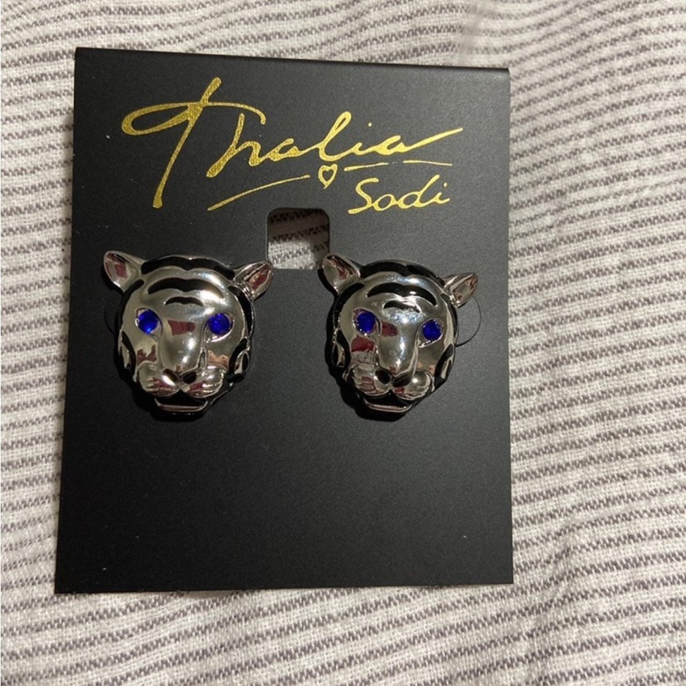 NWT Thalia Sodi Silver Tone Pavé Tiger Head Drop Hoop Earrings